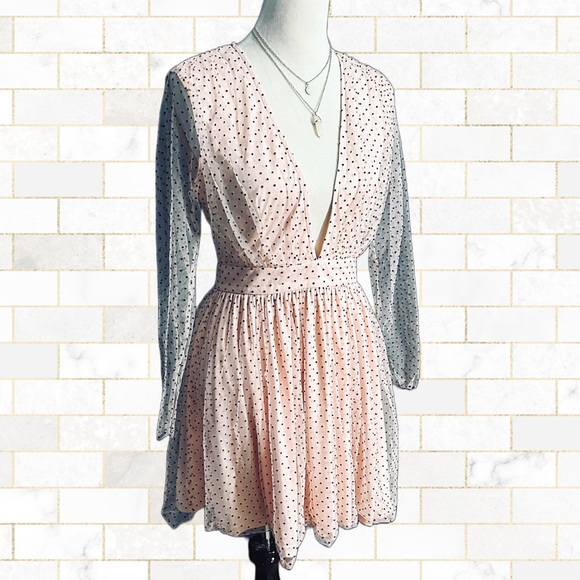 Pink Polkadot Plunge V Front Long Sleeve Mini Dress - Picture 2 of 10
